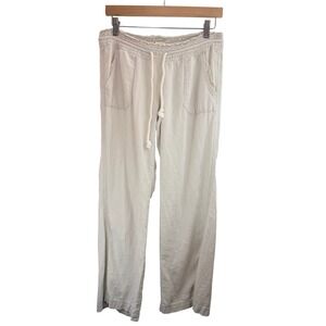ROXY Linen Blend Drawstring Waist Wide Leg Pants Beige Women's Size S Boho Beach